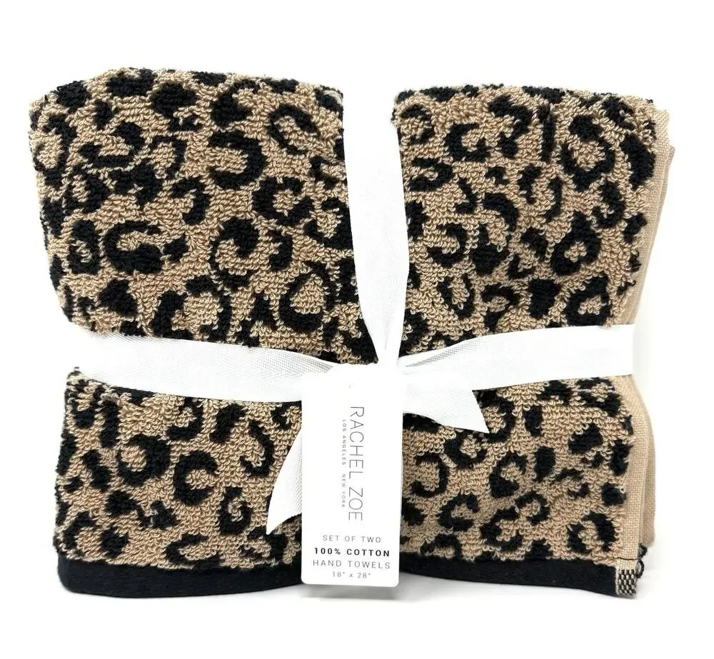 Rachel Zoe Animal Leopard Print Hand Towels Black Brown NWT Set 2 Pcs